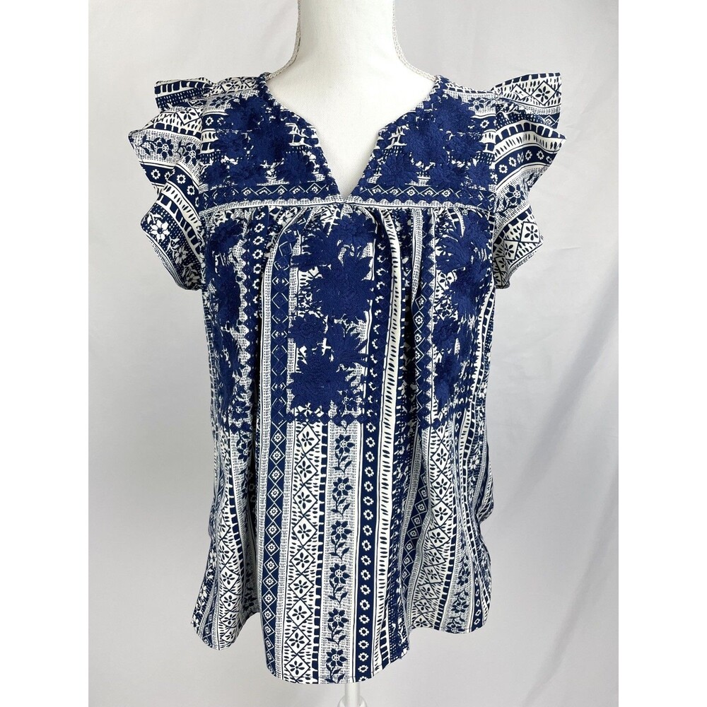 Savanna Jane Blouse Women Small Blue Crochet Top Boho Floral Embroidered - Picture 1 of 6